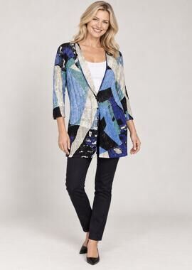 NWT ZOZO Cardigan Sweater S Hand Printed Artsy Lagenlook Boho Linen Blend Blue